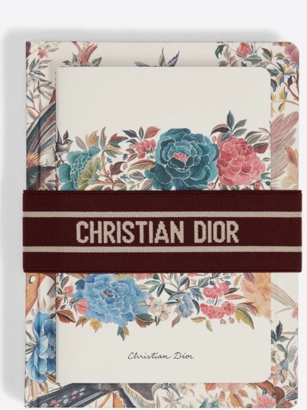 Dior Floral Card Holder with Burgundy Logo Band and Multicolor Bouquet